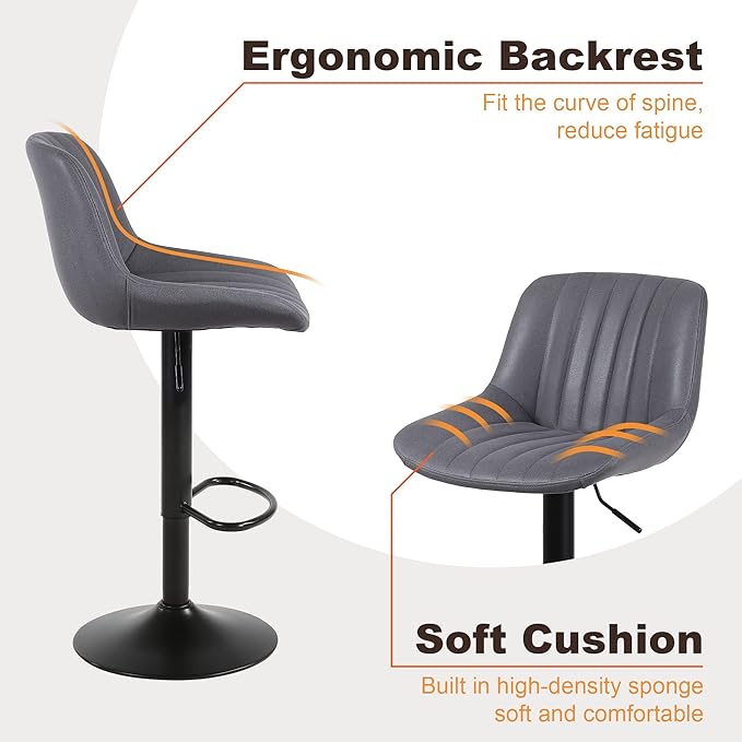 Bar Stools Set of 4, Swivel Counter Height Barstools with Back, Adjustable PU Leather Bar Chairs, Modern Armless Kitchen Island Stool, Dark Grey