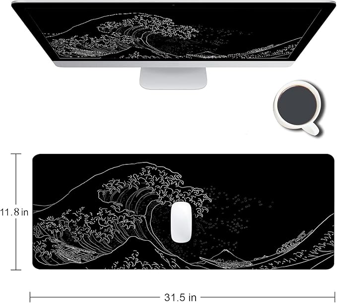 Gaming Mouse Pad, Large Mouse Pads for Desk, Non-Slip Rubber Base Mousepad, Keyboard Mouse Mat, Desk Pad with Stitched Edges, 31.5x11.8inch, The Great Wave Off Kanagawa
