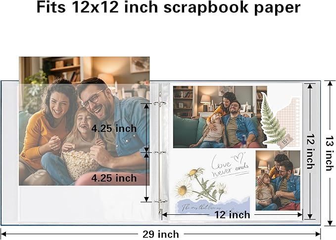 Vienrose 12x12 Inch Large 3 Ring Binder Scrapbook Photo Album, Linen Cover DIY Scrapbooks with 30 Sheets Plastic Sleeves 60 Pages Blank White Inner Pages for Wedding Birthday Baby Travel Blue