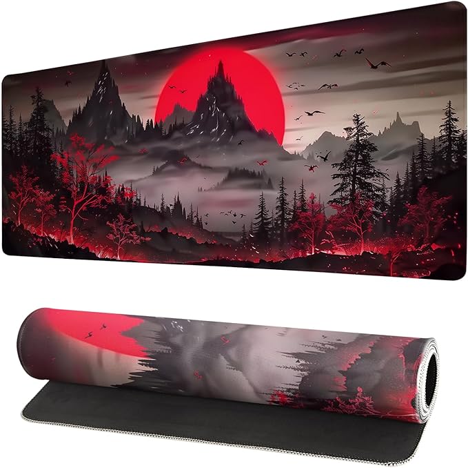 Extended Gaming Mouse Pad, Large Desk Mat XL Anime Mouse Pad Waterproof with Stitched Edges, Non-Slip Desktop Pad for Home and Office, Level Up Your 31.5x11.8 Inch (Darkness Red Moon2)