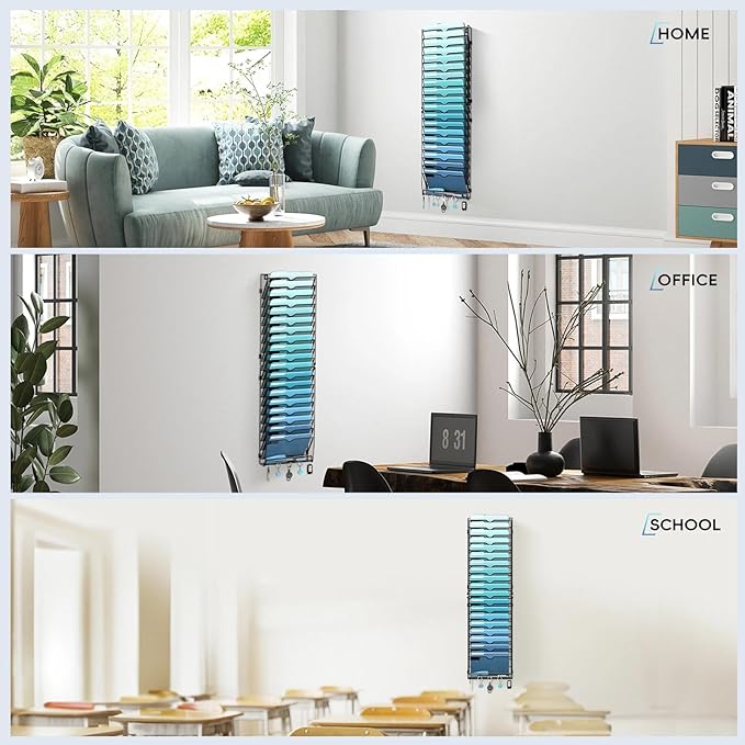 20-Tier Wall File Organizer with 5 Hooks, Hanging Mail Organizer Wall Mounted File Holder, Magazine Rack for Papers, Folders, Magazines, Office Organization, Assembly Needed, Black