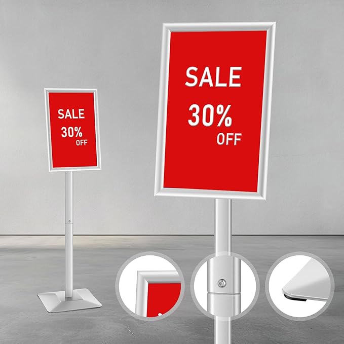 DISPLAYSWORKER Adjustable Heavy Duty Pedestal Sign holder floor Stand,sign stand poster stand Aluminum Snap Open Frame,Standing Floor for 8.5x 11 inch,Vertical/Horizontal View,SILVER