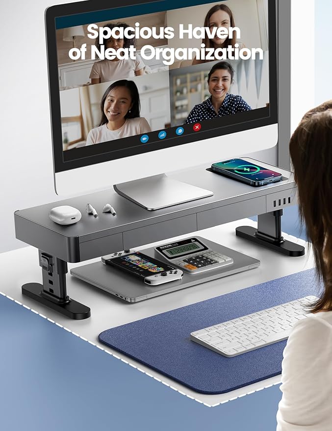 meatanty Monitor Stand Heights Adjustable, Computer Riser with Auto Phone Charger, 4 USB Ports Hub and Drawer Storage, Metal Desktop Organizer Lifter Shelf for PC Screen Studio Display Office Gaming