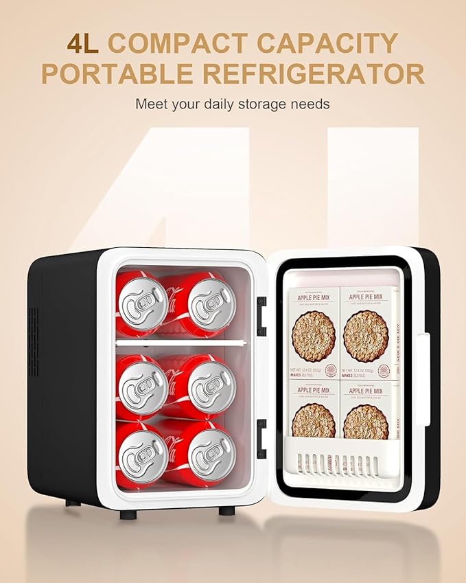 Makeup Fridge With Dimmable LED Light Mirror, 4L Mini Fridge for Bedroom, Car, Office & Dorm, Cooler & Warmer, Portable Small Refrigerator for Cosmetics, Skin Care and Food, Black