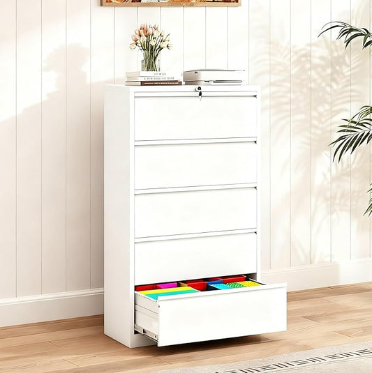 5-Drawer Lateral File Cabinet with Lock, Black Metal Filing Cabinet for Office or Home – Secure Storage for Letter/Legal/A4/F4 Documents, Easy to Assemble Locking File Organizer (White, 5 Drawer-64"H)