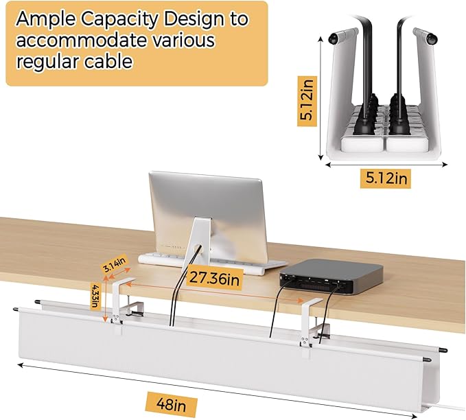 Under Desk Cable Management Tray - 48" Cord Organizer for Desk No Drill, Fabric Under Table Wire Organizer with 16X Cable Ties Hide for Office/Home, Cord Hider Fits Adapters & Sockets, White
