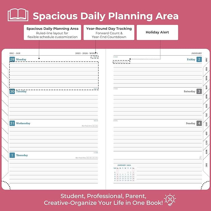 Planner 2026 Daily Weekly and Monthly,8.5"x6.5",12 Months Spiral Bound Calendar Agenda with Self-adhesive Pen Holder,2026 Appointment Book with Vegan Leather Soft Cover,Rose Red