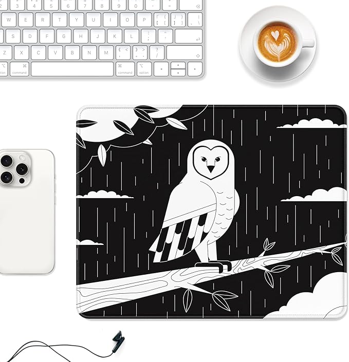 Auhoahsil Mouse Pad, 12 x 10 in Owl Theme Computer Mouse Pad for Desk, Premium-Textured Non-Slip Rubber Stitched Edges Waterproof Square Mouse Mat for Gaming Work Wireless Mice, Simple Black White