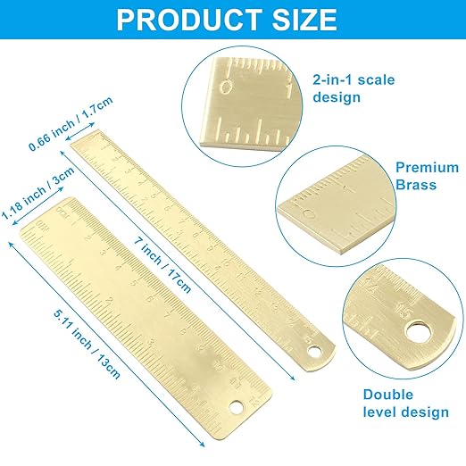 Straight Brass Ruler Set Vintage Metal Double-Sided Scale Ruler 4 Inch & 6 Inch, Metric Measurement Tool Drawing Measuring Tool (2 Pack)