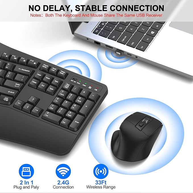 Wireless Keyboard and Mouse Combo, 2.4G Full Size Wave Keys Ergonomic Keyboard with Wrist Rest and 3-Level DPI Adjustable Wireless Ergonomic Mouse for Windows, Mac OS Desktop/Laptop/PC(Graphite)