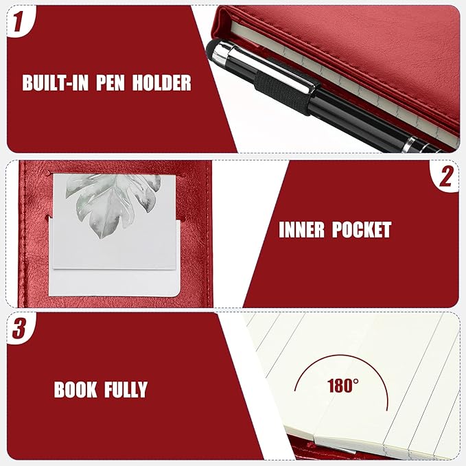 Outus 10 Pcs Pocket Notebook with Pen Set Included Mini Pocket Notepad Holder with 50 Lined Sheets, Metal Pen, 8 Pcs 3 x 5 Inch Memo Book Refills, 30 Lined Paper Per Note Pad (Red)