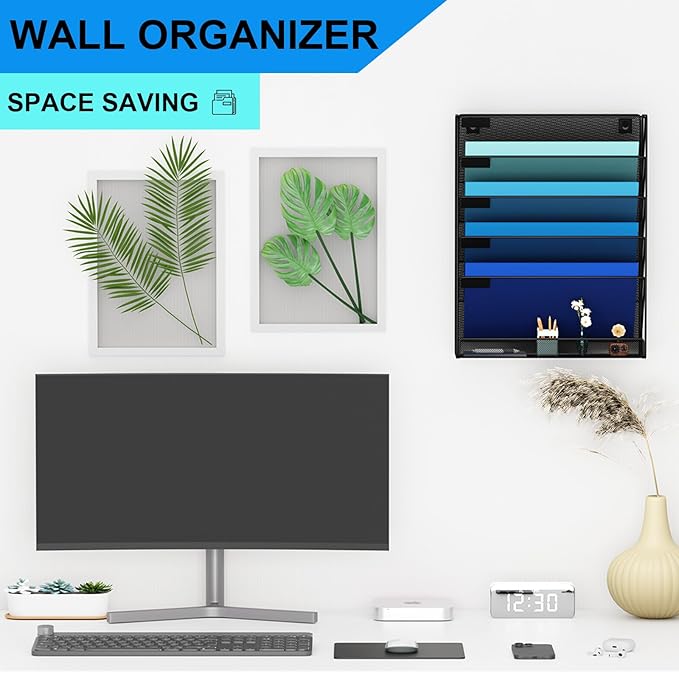 Wall File Organizer Holder Mesh Hanging Paper Document Holder,Vertical 6 Pocket Tier for Office Home, Black