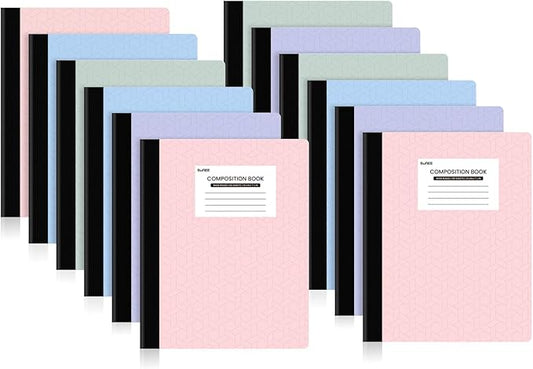 SUNEE Composition Notebooks - Wide Ruled Paper, 12 Pack Composition Book, 9 3/4" x 7 1/2", 80 Sheets/160 Pages, Assorted Colors, School & Office Supplies