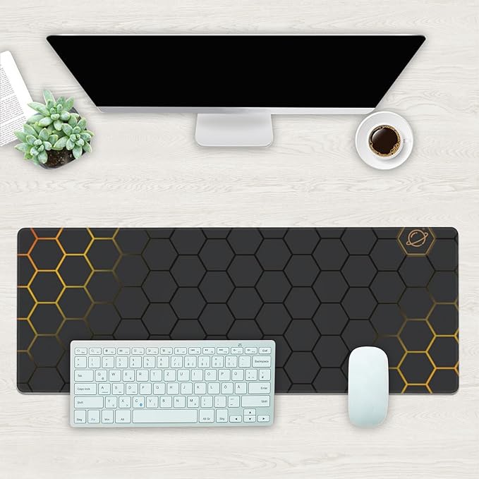 Desk Mat, Black Gold Honeycomb Technology Extended Gaming Mouse Pad Large, 31.5"x11.8" Big Mouse Pad with Non-Slip Base and Stitched Edge, Long Computer Keyboard Mouse Mat for Home Office Work