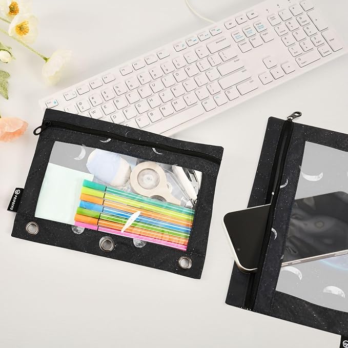 ZAZYXTJ Moon Phase Binder Pencil Pouchs 3 Ring with Zipper Clear Window Office Organizers bag for School Students Teacher Supplies 2 Pack