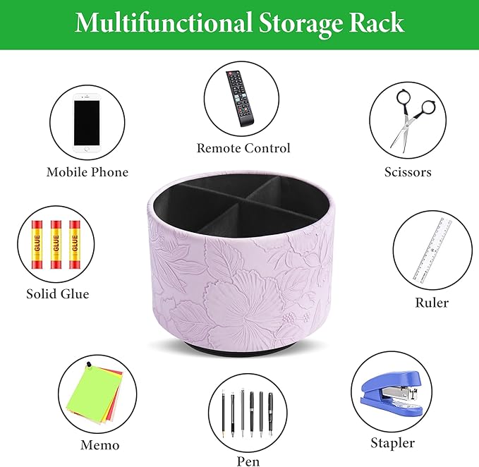 Hennaja Round Leather Art Supply Organizer,Remote Control Holder,360 Degree Spinning,Multi-Functional Pencil Holder,4 Compartments Desktop Stationary Organizer(1-Carved Purple)