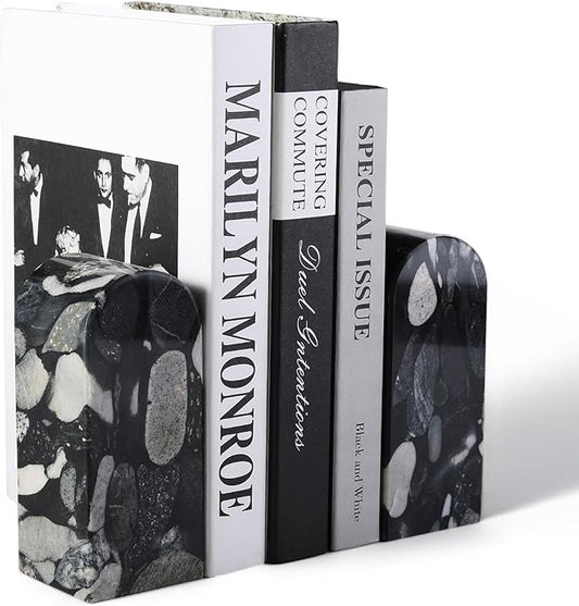Koville Luxury Marble Bookends for Shelves, Decorative Stone Book Ends, 7lbs Heavy-Duty Marble Book Holders, Bookshelf Apartment Decor for Normal Books/CD/Video Games