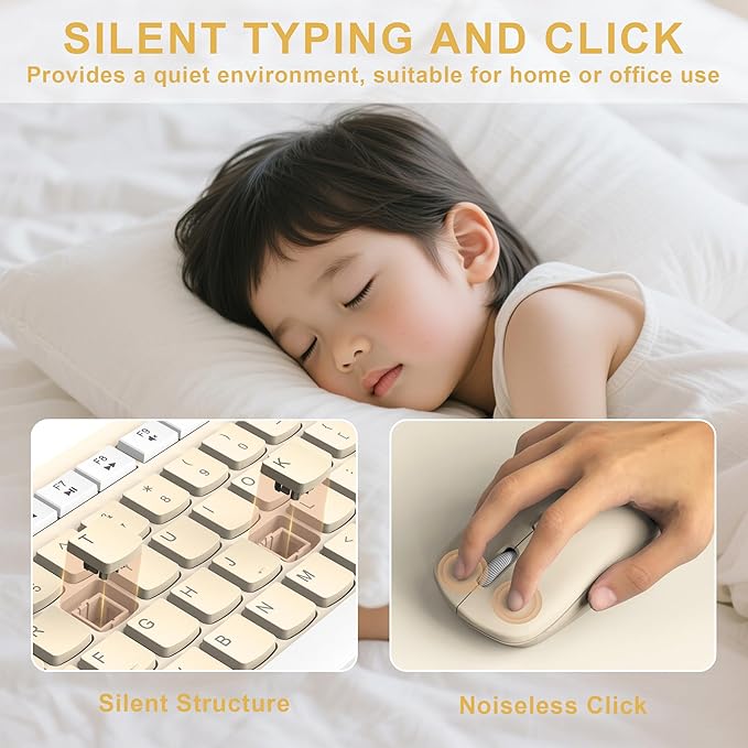 Wireless Keyboard and Mouse Combo, Full-Sized Wireless Keyboard and Adjustable DPI Mouse, 2.4GHz USB Receiver, Keyboard and Mouse for PC, Windows, Desktop, Laptop (Latte Color)