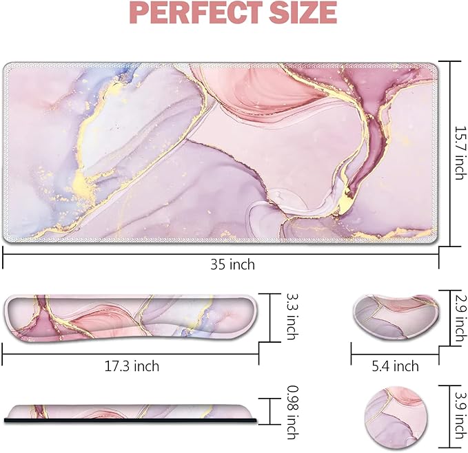 AIMSA Large Gaming Mouse Pad Set, Keyboard Wrist Rest Support Mouse Pad, Ergonomic Memory Foam Multifunctional Extended Desk Mat 35x15.7in Anti-Slip Rubber Base for Office Home, Pink Purple Marble