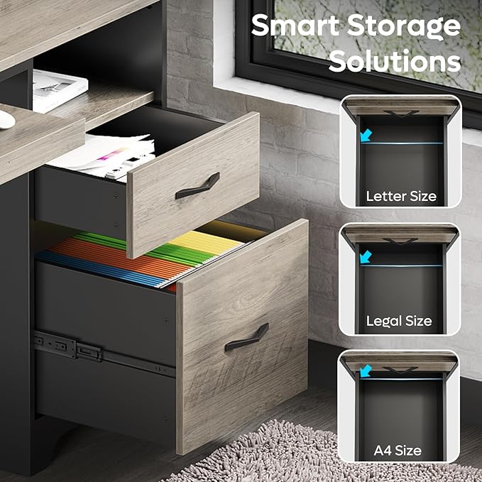 Bestier 48” Computer Desk with Drawers, Office Desk with Storage, Industrial Wood Writing Desk with File Drawer, Keyboard Tray & 2 Hooks for Home Office & Studio, Gray