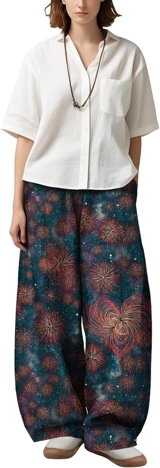 Zaswen Women's Oversize Loose Fit Breathable Pants Wide Leg Lounge Pants Fashion Casual Fireworks Print Trousers with Pockets