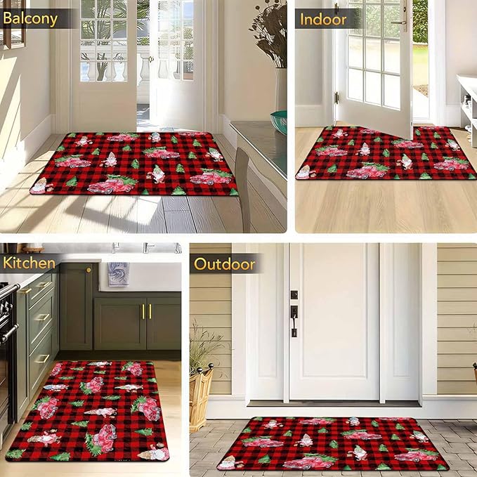 Christmas Front Door Mat Entryway Rug Buffalo Plaid Welcome Matt Front Porch Rugs Santa Claus Truck Doormat Outdoor Entrance Outdoor Rug Floor Mats, 16" x 24" Inch