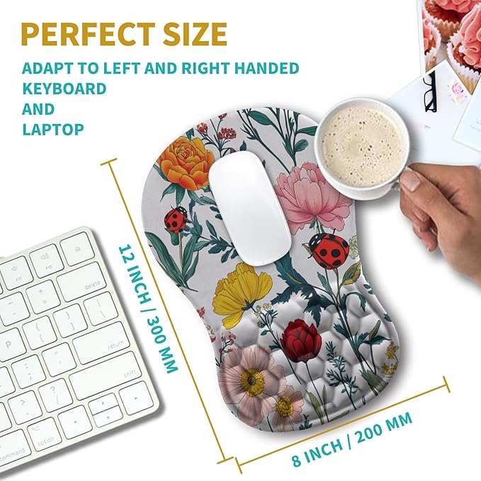 Hokafenle Ergonomic Mouse Pad Wrist Support, Wrist Rest Mousepad for Carpal Tunnel Pain Relief with Integrated Memory Foam Slope Massage Bulge (11.8x7.9 inch,Flowers and Ladybugs