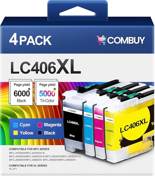 LC406XL Ink Cartridges High Yield Compatible for Brother LC406 Ink Cartridges LC406XL use with Brother MFC-J4335DW MFC-J4535DW MFC-J5855DW MFC-J6555DW Printer (Black Cyan Magenta Yellow 4 Pack)