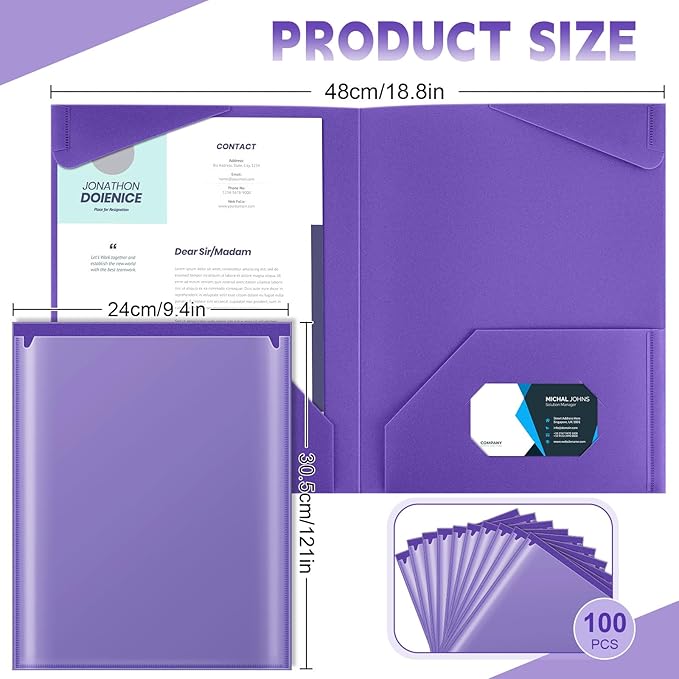 Henoyso 100 Pcs Plastic Folders with Clear Front Pockets Bulk Heavy Duty File Folders with 2 Pockets and Card Slot for Student Teacher Back to School Supplies Office Presentation (Purple)