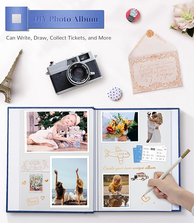 Photo Album Self Adhesive Scrapbook Album for 3x5 4x6 5x7 8x10 Pictures,120 Pages Linen Cover with Display Window DIY Photo Book,Ideal Gifts for Family Travel Wedding Baby