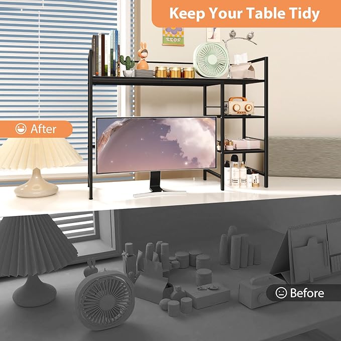 Desk Shelf, 38.5 Inch Desk Hutch for Computer Monitor, Computer Desktop Bookshelf Storage Rack Adjustable Desk Hutch Top Only, 3 Tier Desktop Organizer Shelf for Office Home Dorm, Black