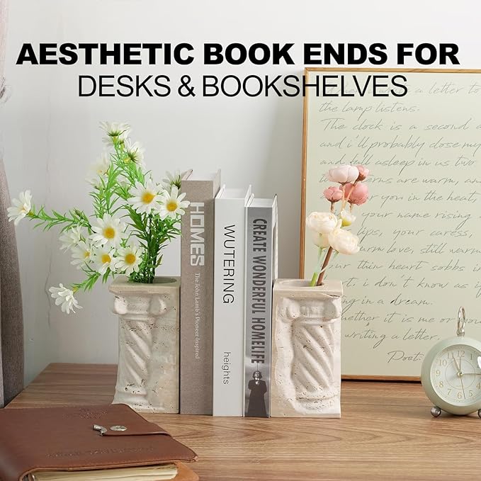 Roman Column Book Ends Decorative, 4-in-1 Heavy Duty Marble Bookend for Shelves, Unique Pen Holder & Mini Flower Vase, Classic Greek Statue for Office Home Desk Decor (2PC, Beige)