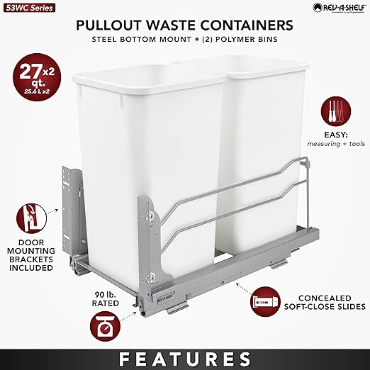 Rev-A-Shelf 53WC-1527SCDM-213 Double 27 Quart Pull-Out, Orion Gray