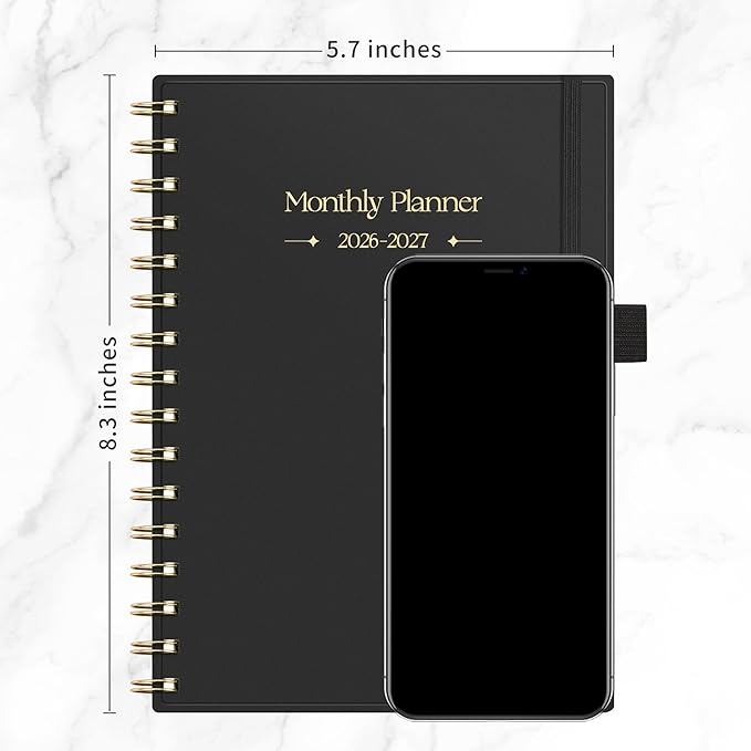 RETTACY 2026-2027 Monthly Planner, Jan 2026 - Dec 2027, Medium Size (5.7" x 8.3"), Agenda, Calendar, 24 Month Tabs, Flexible Plastic Cover, 100 GSM Thick Paper, Spiral-bound (Black)