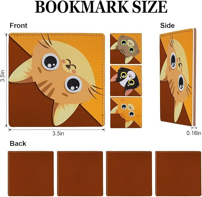 Funny Cat Bookmarks, Personalized Leather Book Marks Clip Set of 4,Cute Corner Page Book Accessories for Women, Kids, Teachers Students Book Lovers Reading,for School Office Home Supplies