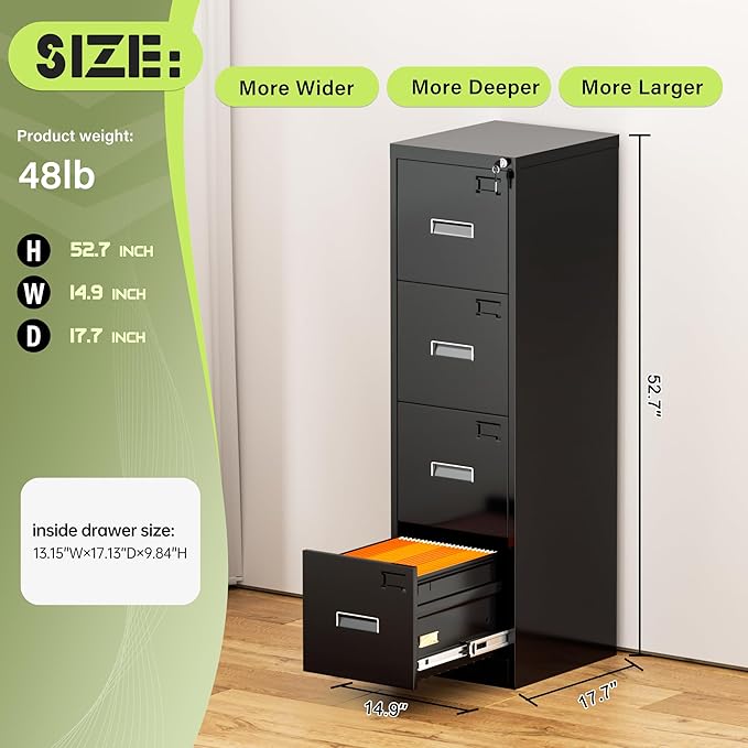 Crownland Lateral File Cabinet with 4 Drawers, 15" W Metal Lockable Office File Cabinets for Home Office- Stores Letter/Legal/A4/F4 Files(Black)