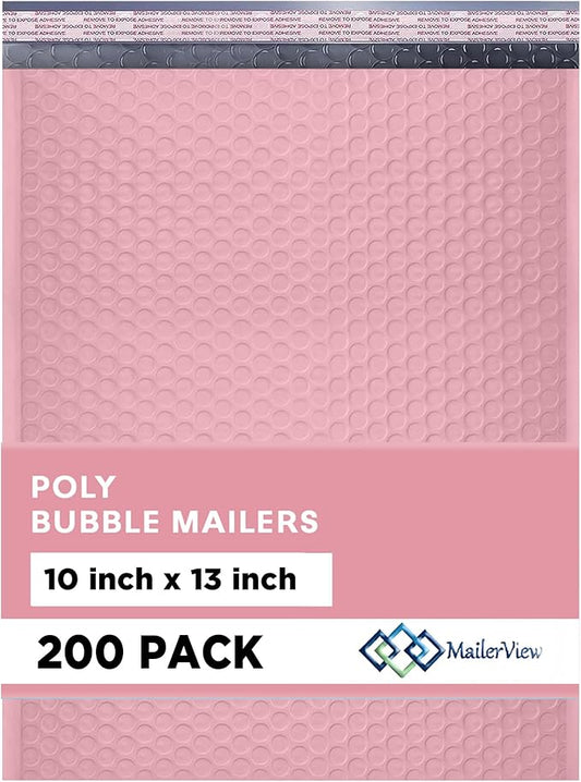 Light Pink 10x13 Inch Poly Bubble Mailers |Self Seal Padded Envelopes for Thick books | Cushioned Bubble Mailer | Usable Size 9.5x13 Inch | Waterproof Lightweight Mailing Shipping Bags | 200 Pack Bulk