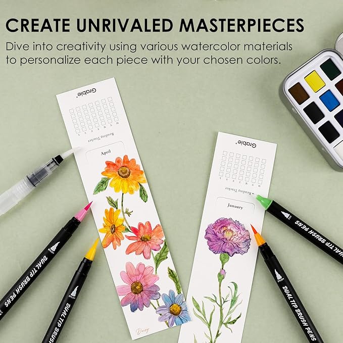Grabie Watercolor Bookmarks Kit, 12 Monthly Paintable Bookmarks for Kids Women Men, Reading Tracker for Book Lovers, Teachers, Students, Coloring Book, Pocket Watercolor Painting Book