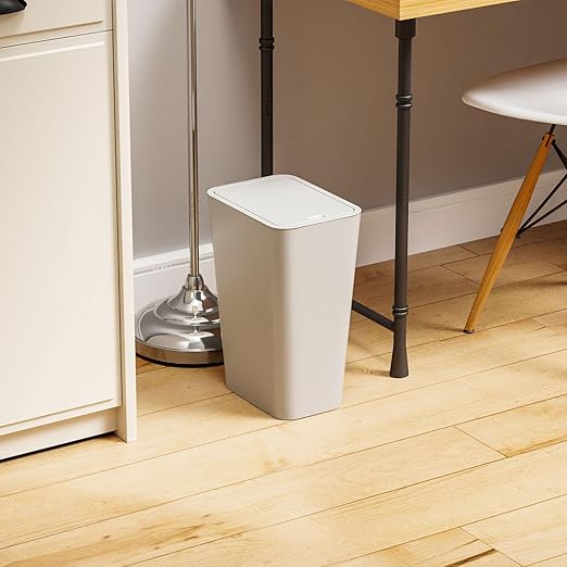 12L Covered Bathroom Trash Can,Office Trash Cans for Near Desk,Slim Bedroom Cute Small Trash Can,3.17 Gallon Plastic Pet/Dog Proof Bathroom Garbage Can,Thin Waste Basket for Room,Kitchen Trashcan,Gray