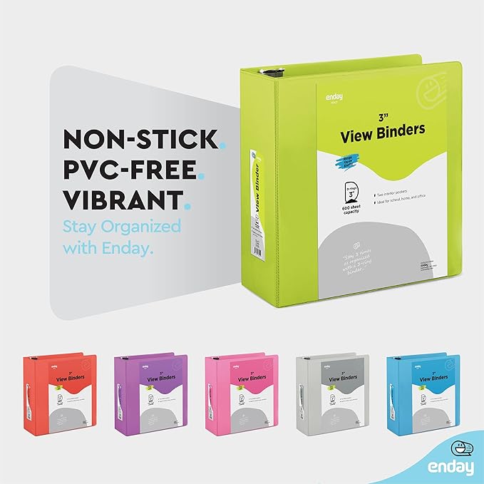 3 Slant D-Ring Binder 3 Inch, 3 in Clear View Cover with 2 Inside Pockets Binder, Heavy Duty Colored School Supplies Binders in Red, Green, Grey, Purple, Blue, Pink, Multicolor (6 PC) – by Enday