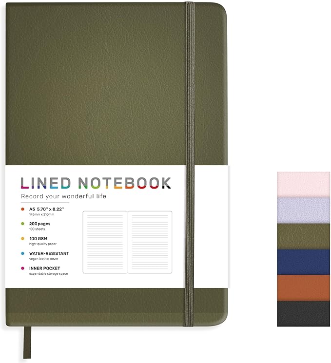 Lined Journal Notebook for Women Men, 200 Pages A5 Hardcover Leather Journals for Writing,Travel,School,Office,Work,Business,College Ruled Notebooks for Note Taking, Diary Notepad 5.7"×8.3"(Green)