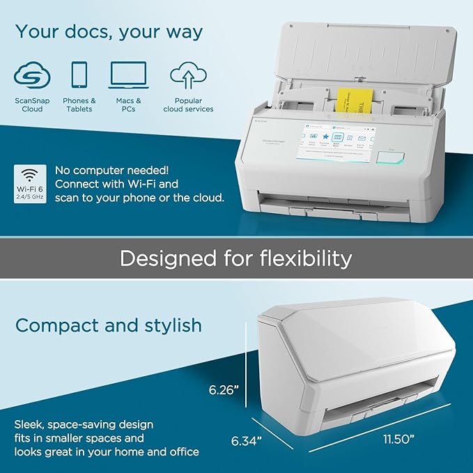 ScanSnap iX2500 Wireless or USB High-Speed Cloud Enabled Document, Photo & Receipt Scanner with Large 5" Touchscreen and 100 Page Auto Document Feeder for Mac or PC, White
