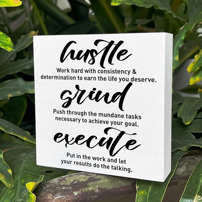 Inspirational Wooden Box Sign, Hustle Grind Execute, Inspirational Home Office Desk Decor, Motivational School Classroom Decoration, Positive Gifts for Women Men Coworkers Student 5 inches*5 inches