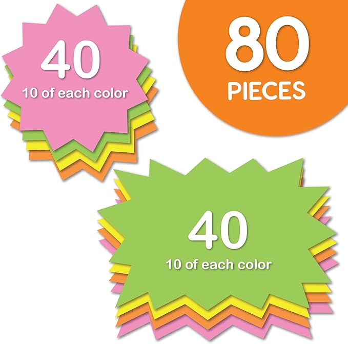 80 pcs Starburst Signs NEON Star Shaped Blank Sale Tags in 2 Sizes for Retail Sales, US Made Card Stock Punch Out Signs Ideal for Garage Sale Yard Sale Bulletin Board Decorations, Party Name Tags