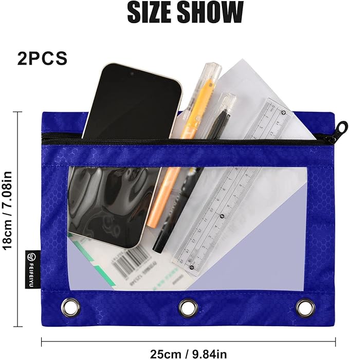Gredecor Binder Pencil Pouch 3 Ring Navy Blue Zipper Pencil Pouches Case 2 Pack Clear Binder Organizer for School Office
