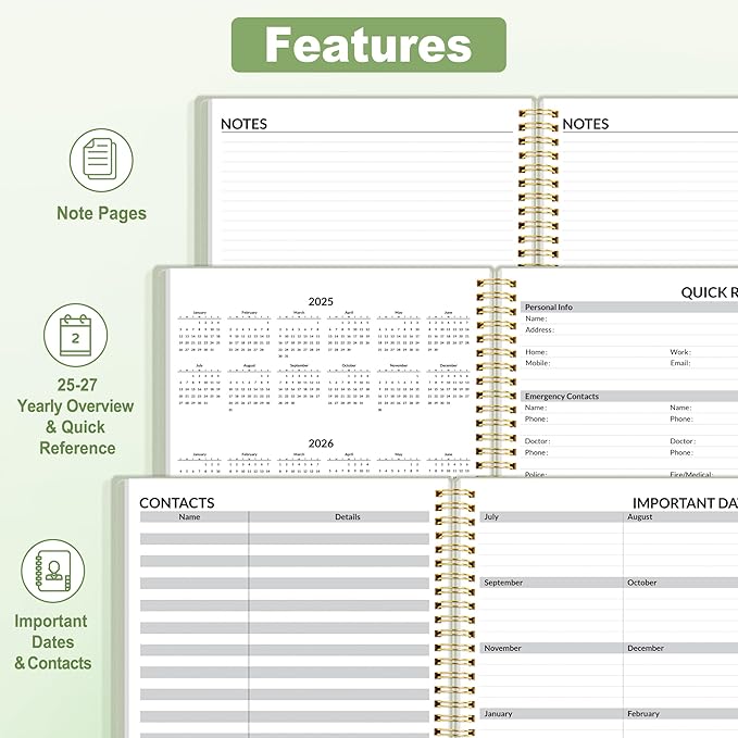 SUNEE 2025-2026 Appointment Book, Quarter-Hourly, Weekly & Monthly - from July 2025 to June 2026, 8.5"x11" Academic Planner, Flexible Cover, Note Pages, Pockets, Bookmark, Spiral Binding, Sage Green