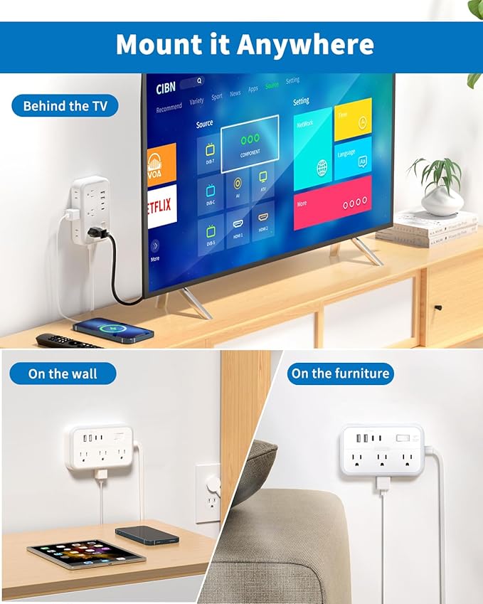 Flat Extension Cord 25 ft, NTONPOWER Surge Protector Power Strip with 6 Outlets 4 USB Ports(2 USB C),Flat Plug, Multiple Outlets, Mounted, Outlet Extender, Overload Protection for Indoor, Home, Office