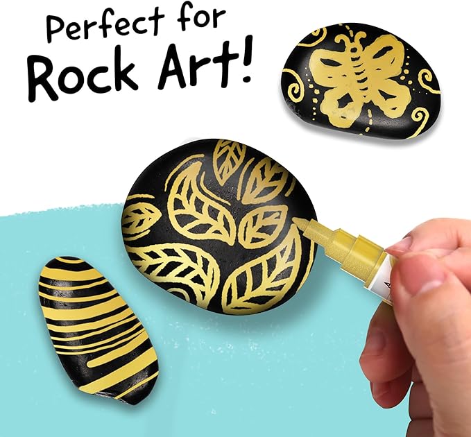 4 Dual Tip Gold Paint Pen Metallic - Fine Tip & Medium Acrylic Paint Markers - Gold Marker for Metal, Wood, Rock Painting, Canvas, Ceramic, Glass, Fabric, Leaf and Plastic - Water-based Ink