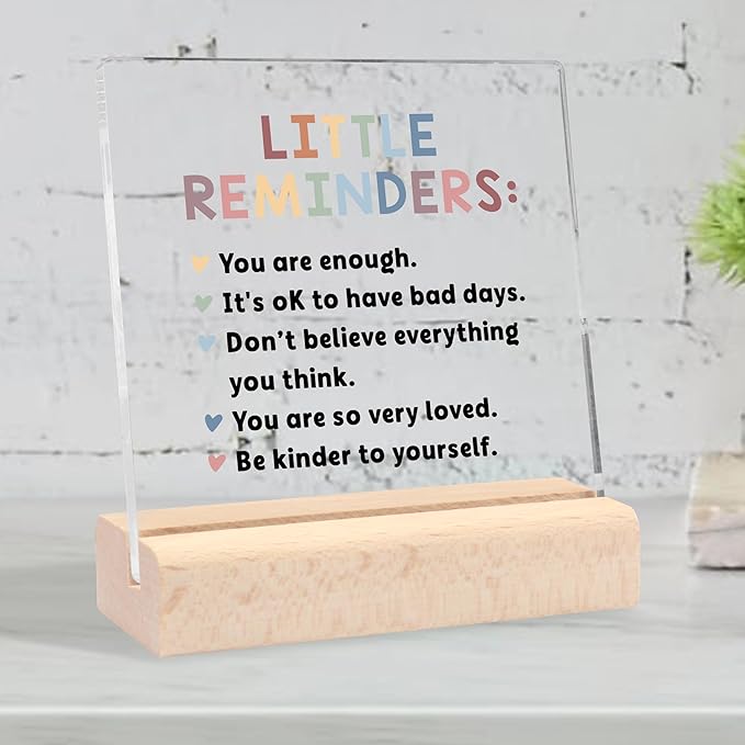 Inspirational Encouragement Gifts for Women, Motivational Gifts Positive Little Reminders Clear Desk Decorative Sign with Wooden Stand for Office Home