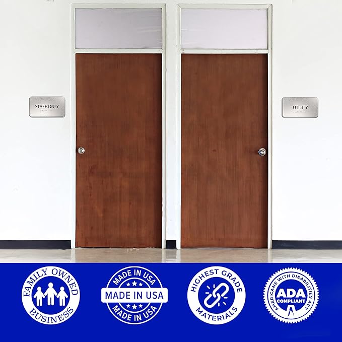 ADASigns Staff Only Sign 7" W x 4" H - Durable Brushed Aluminum with Grade 2 Braille - Easy Installation with Strong Double Sided Tape - ADA Compliant Office Door Signs for Businesses & Offices